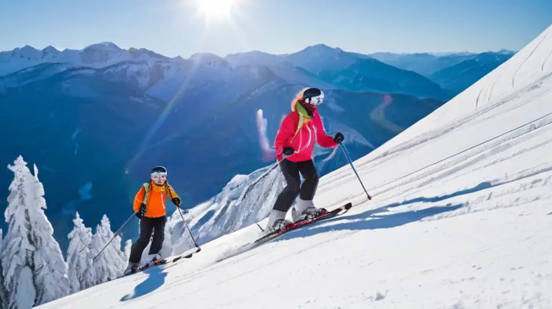 Esquidores en colorido equipo descienden por laderas nevadas bajo un cielo azul