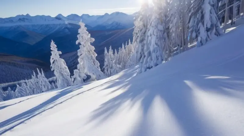 Un paisaje invernal cubierto de nieve con esquiadores felices, árboles cubiertos de escarcha y un acogedor refugio de fondo