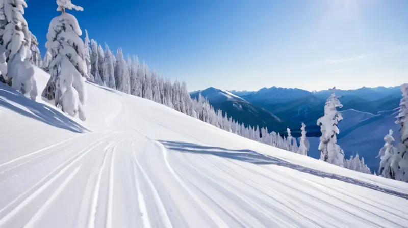 Un paisaje nevado con esquiadores en movimiento, árboles cubiertos de nieve y montañas majestuosas bajo un cielo azul