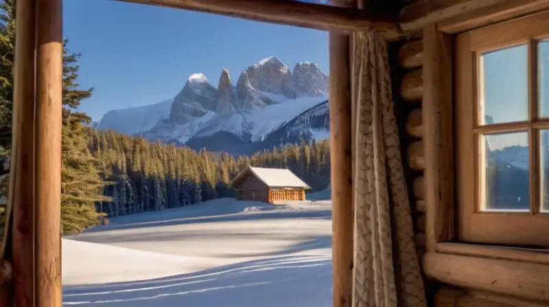 Un paisaje nevado y sereno con una cabaña rústica, árboles cubiertos de nieve y un cielo azul claro