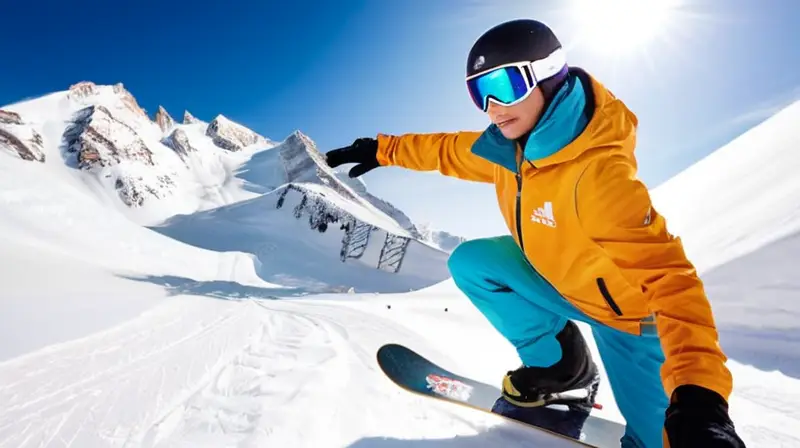 Atletas en acción en una montaña nevada bajo un cielo azul, con equipo de snowboard colorido y detalles vibrantes