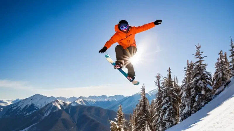 Kevin Pearce realiza un salto en snowboard en un paisaje montañoso nevado bajo un cielo azul brillante