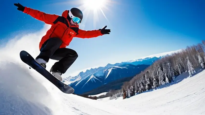 Un snowboarder en el aire sobre un paisaje montañoso nevado