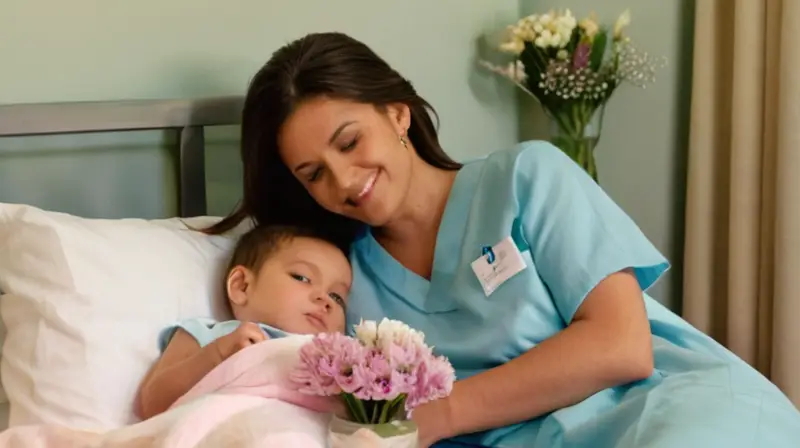 Una habitación de hospital serena y acogedora, iluminada por la luz de la mañana, donde un padre sonriente y una madre cansada celebran el nacimiento de su hijo