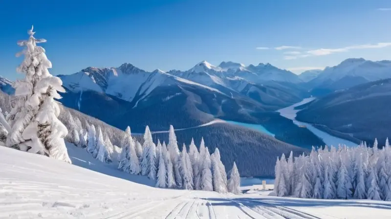 Un paisaje invernal con montañas nevadas, esquiadores en acción y acogedoras cabañas