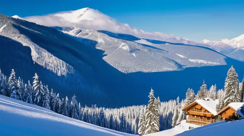 Un paisaje invernal vibrante con esquiadores, montañas, cabañas y un ambiente de alegría y aventura