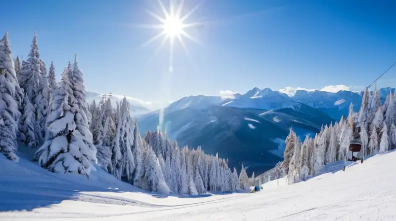 Un paisaje invernal con pistas de esquí, montañas, esquiadores y cabañas de madera