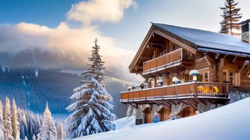 Un paisaje invernal vibrante con esquiadores, montañas, cabañas y un ambiente festivo