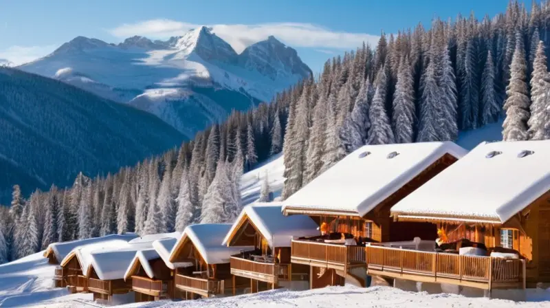 Un vibrante paraíso invernal con pistas nevadas, esquiadores, cabañas acogedoras y un ambiente festivo