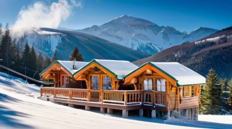 Un paisaje invernal sereno con nieve, pinos, esquiadores y cabañas rústicas bajo un cielo azul