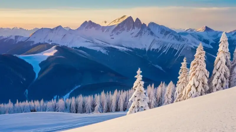 Un paisaje invernal de montañas cubiertas de nieve, esquiadores coloridos y cabañas acogedoras bajo un cielo azul