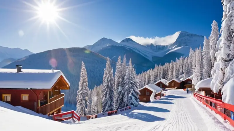 Un paisaje invernal vibrante con esquiadores y familias disfrutando de la nieve bajo un cielo azul