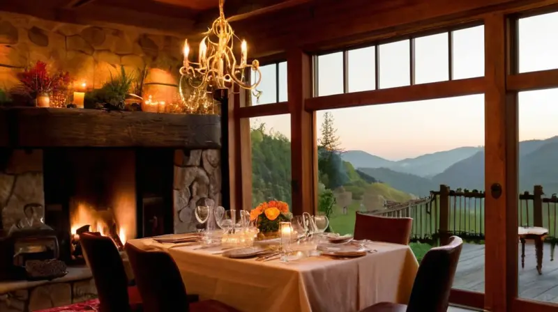 Un acogedor interior de cabaña de madera con luz suave, mesa elegantemente dispuesta y vistas impresionantes a las montañas, crea un ambiente perfecto para una cena exclusiva