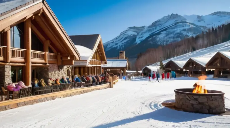 Un paisaje invernal vibrante con esquiadores disfrutando en laderas nevadas, un acogedor refugio y un ambiente lleno de risas y aventura