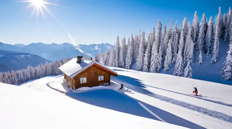 Un impresionante panorama invernal muestra esquiadores en paisajes nevados bajo un cielo azul