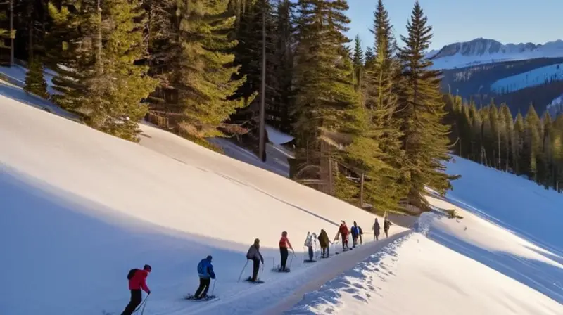 Un paisaje invernal idílico con nieve, montañas, familias disfrutando y un ambiente acogedor