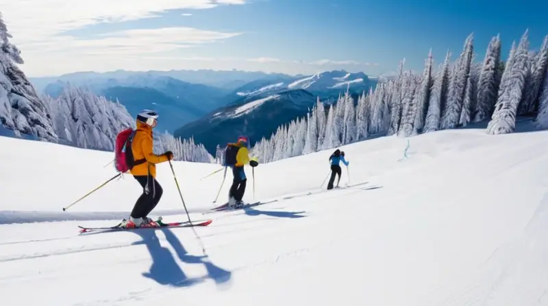 Un paisaje invernal vibrante con esquiadores en diversas pendientes, rodeados de montañas, árboles nevados y chalets, que refleja la emoción de la aventura en la nieve