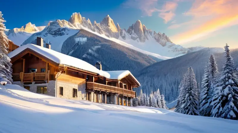 Un vibrante paisaje invernal de montañas cubiertas de nieve, esquiadores en acción y acogedoras cabañas bajo un cielo azul