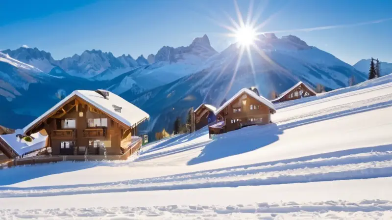 Un vibrante paisaje de estación de esquí con esquiadores enérgicos, montañas nevadas, chalets acogedores y un cielo azul radiante