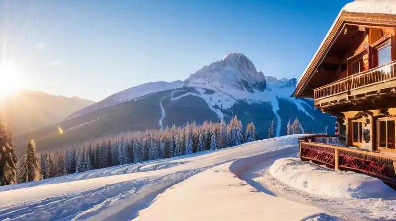 Un paraíso invernal con montañas nevadas, esquiadores, cabañas rústicas y un ambiente acogedor