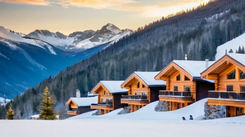 Un paisaje invernal idílico con montañas nevadas, esquiadores, chalets acogedores y un ambiente de diversión y tranquilidad