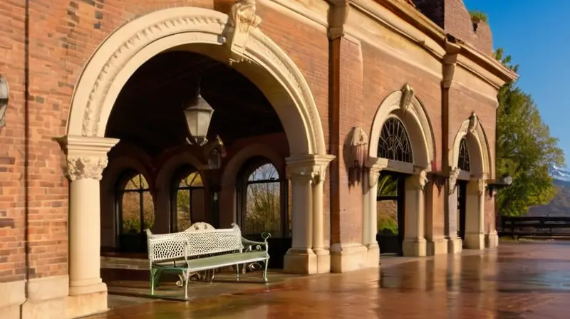 Una estación de tren vintage con paredes de ladrillo desgastadas, un locomotora de vapor, viajeros con ropa de época y un ambiente nostálgico