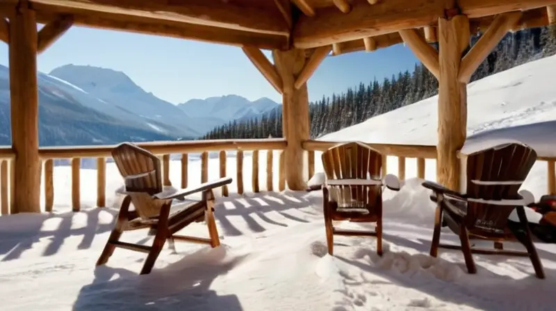 Un paisaje invernal de montañas cubiertas de nieve, esquiadores en acción, un acogedor chalet con aromas de comida y vino, y una atmósfera de aventura y tranquilidad