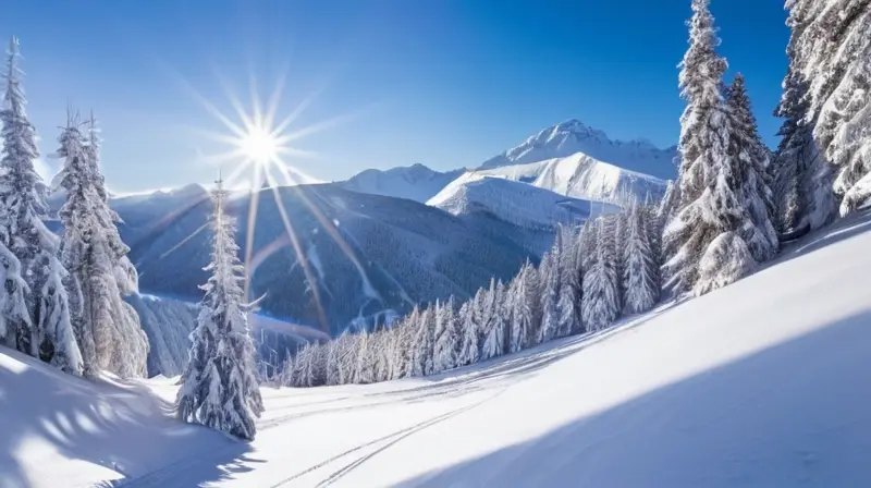 Un paisaje alpino cubierto de nieve con esquiadores, árboles perennes y cabañas, todo bajo un cielo azul brillante