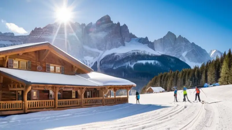 Los Alpes suizos cubiertos de nieve ofrecen un paisaje vibrante de picos, esquiadores y un acogedor refugio de madera