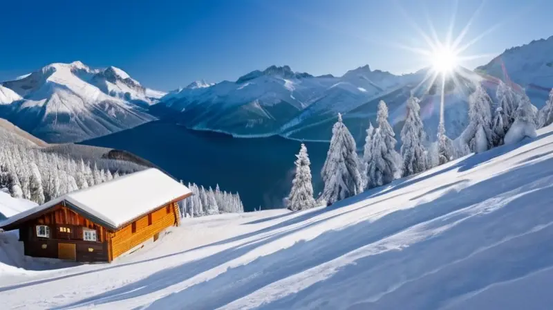 Un paisaje invernal con montañas nevadas, esquiadores en acción y chalets acogedores en un entorno sereno