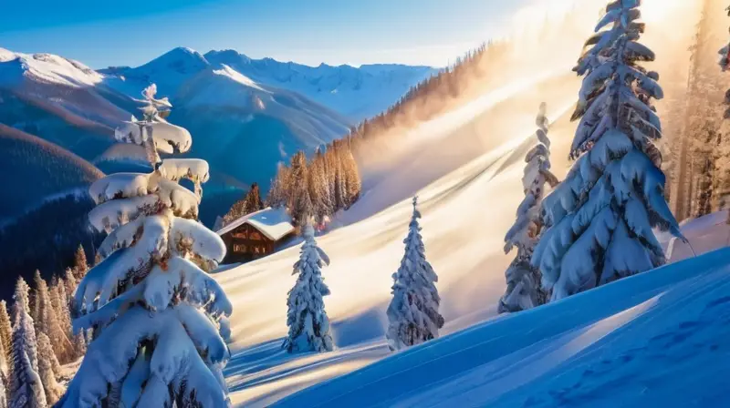 Un paisaje invernal vibrante con esquiadores, montañas nevadas y cabañas acogedoras bajo un cielo azul