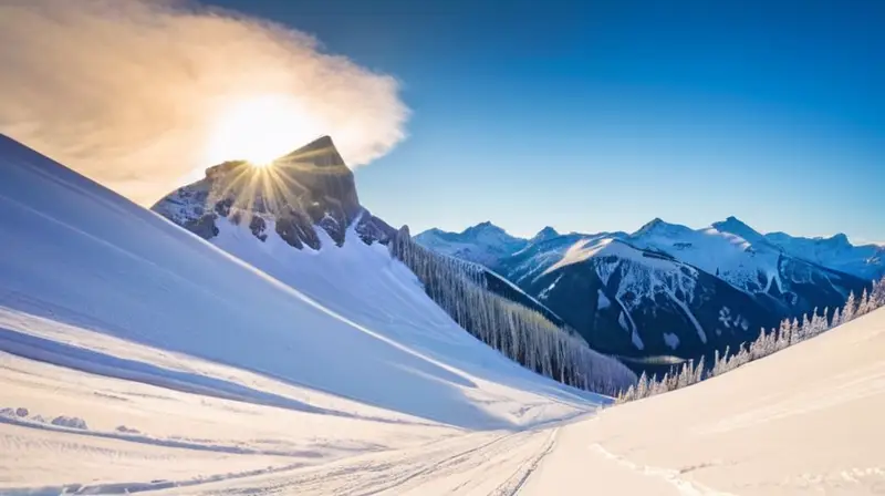 Un paisaje montañoso cubierto de nieve, con esquiadores en acción, cabañas rústicas y un lago sereno que evoca aventura y tranquilidad