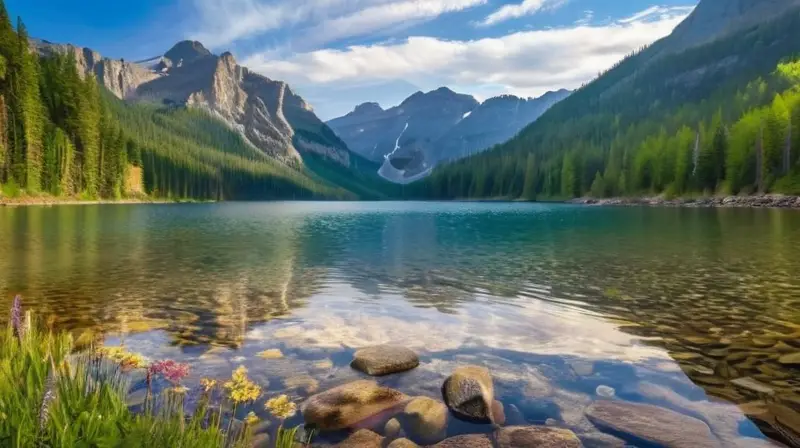 Un lago sereno rodeado de bosques verdes y montañas