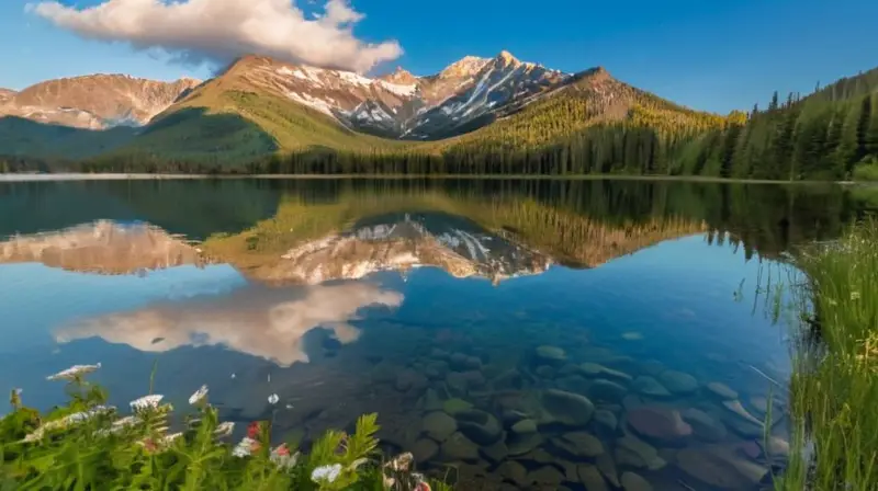 Un lago sereno rodeado de montañas y bosques, con reflejos brillantes y una atmósfera tranquila