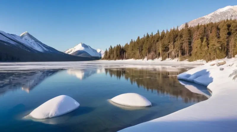 Un sereno paisaje invernal muestra un lago helado con cristales de hielo, montañas rugosas y suaves matices de azul y blanco