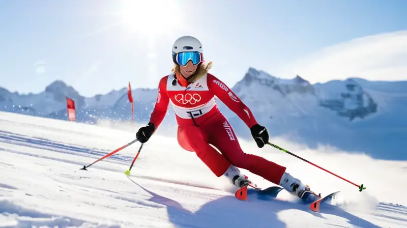 Lara Gut-Behrami esquiando en una montaña nevada bajo un cielo azul, capturando un momento de triunfo y velocidad