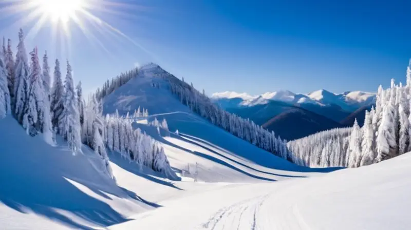 Un paisaje invernal con montañas nevadas, esquiadores coloridos y un cielo azul brillante