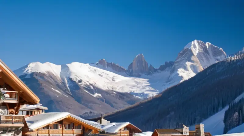 Montañas nevadas con esquiadores y un ambiente vibrante bajo un cielo azul