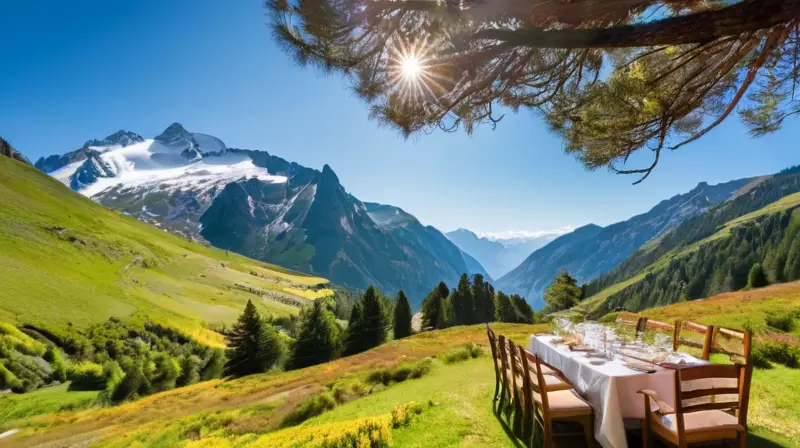 Una vista panorámica de los Pirineos muestra montañas nevadas, valles verdes, un camino forestal y una mesa rústica preparada para una comida gourmet en un ambiente vibrante y sereno