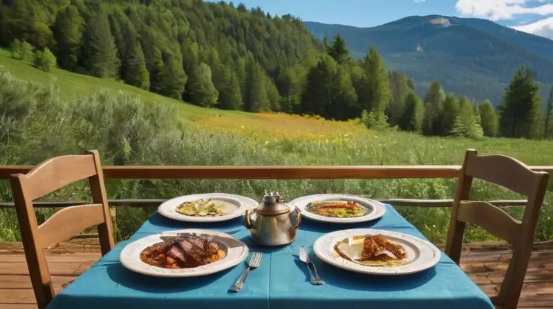 Una mesa rústica con platos gourmet y un ambiente acogedor se encuentra frente a majestuosas montañas nevadas y un cielo azul