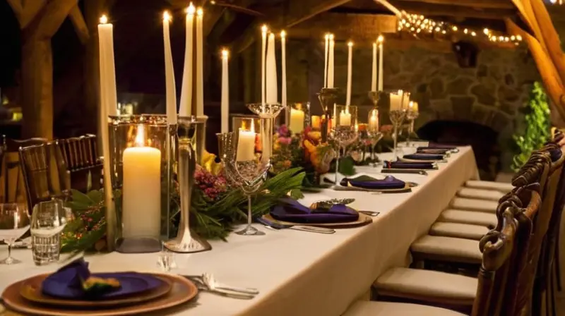 Una elegante cena al aire libre con una mesa bellamente decorada, deliciosa comida y un ambiente acogedor