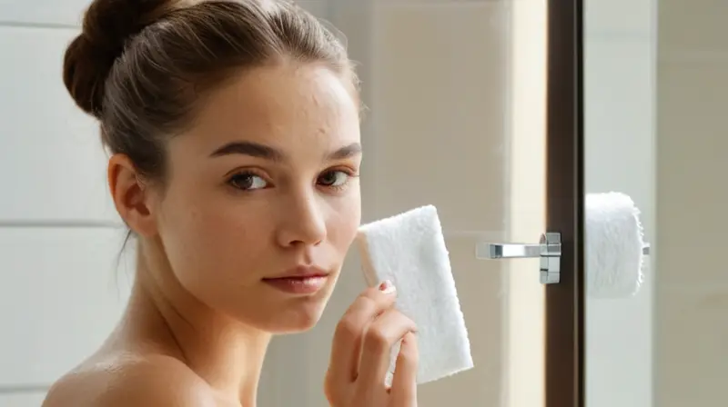 La luz suave de la mañana ilumina un baño minimalista y limpio, donde una joven con piel radiante y un maquillaje natural refleja serenidad y frescura