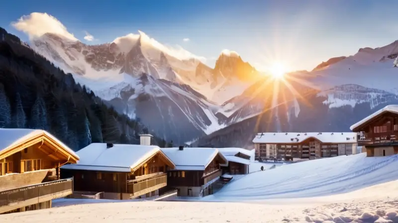 Un paisaje invernal de Mont Blanc con esquiadores, cabañas acogedoras y una atmósfera serena