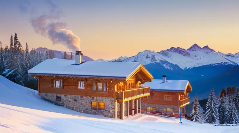 Un paisaje invernal de montañas nevadas, familias esquiando y construyendo muñecos de nieve, con un acogedor chalet y un ambiente mágico al atardecer