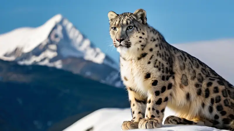 Un leopardo de las nieves tenso y alerta se encuentra en un acantilado rocoso