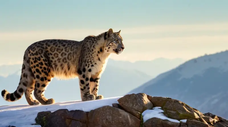 Un leopardo de las nieves acecha en un paisaje montañoso del Himalaya cubierto de nieve bajo un cielo azul brillante