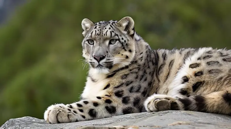 Un leopardo de las nieves tenso y alerta se posa en un risco de los Himalayas, rodeado de rocas y nieve, con un paisaje majestuoso que refleja la belleza de la naturaleza