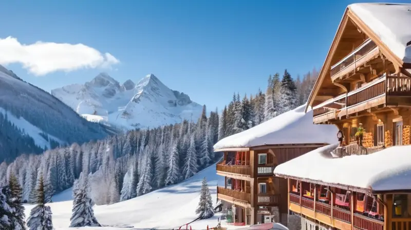 Un paisaje invernal vibrante con nieve, montañas, esquiadores y chalets acogedores