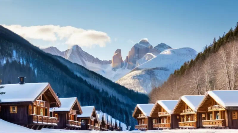 Un paisaje invernal vibrante con esquiadores, cabañas acogedoras y montañas bajo un cielo azul