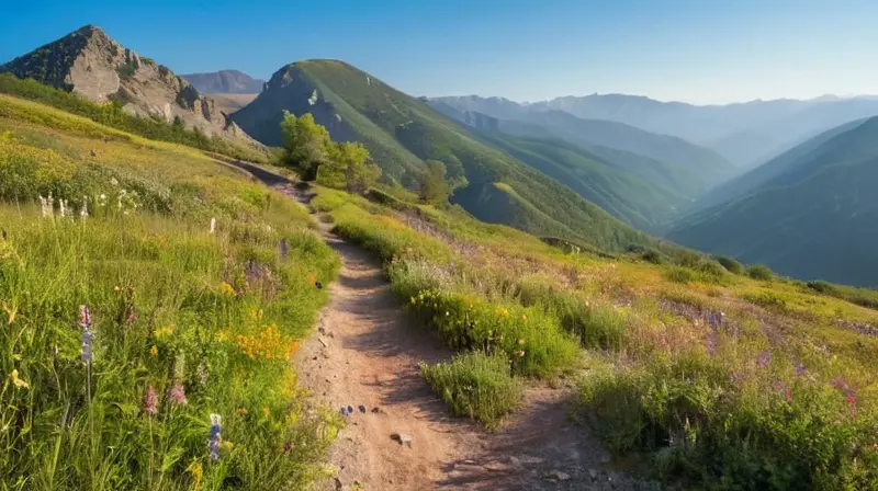 Un paisaje veraniego de montañas verdes, flores silvestres, un sendero de tierra y excursionistas felices bajo un cielo azul